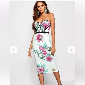 Boohoo Size 12 Mint FLORAL PRINT BUSTIER DETAIL MIDI DRESS